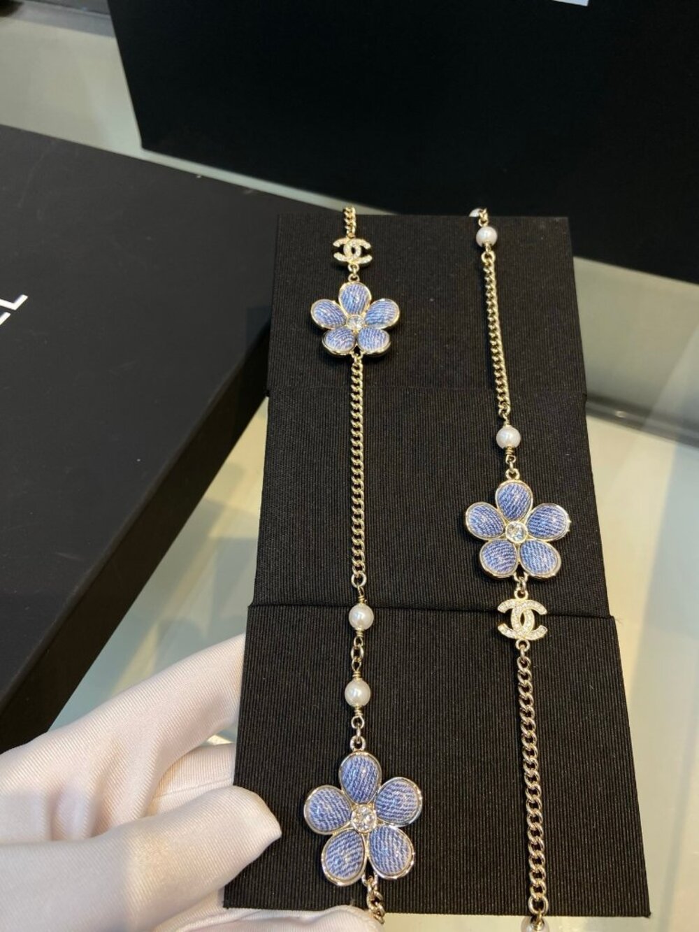 Chanel Gold-Tone Blue Enamel Flower Pearl Crystal Long Necklace - Picture 2 of 7